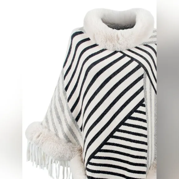 Cozy Stripes Fur-Trimmed Poncho