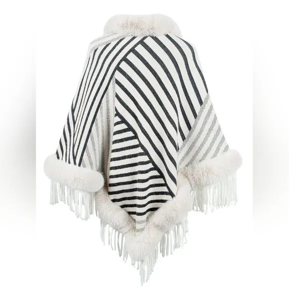 Cozy Stripes Fur-Trimmed Poncho