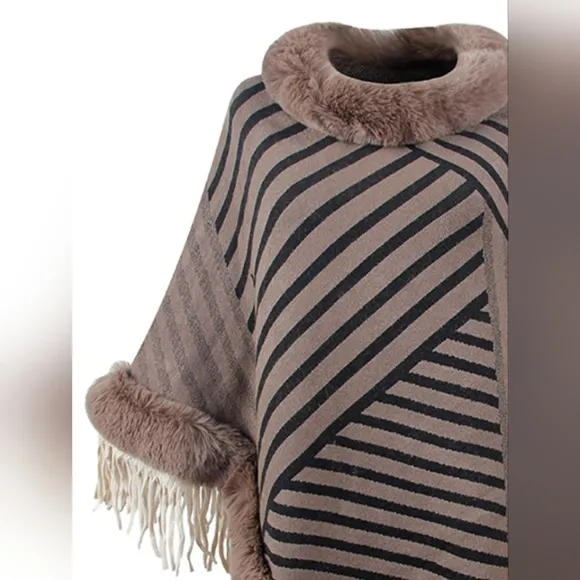 Cozy Stripes Fur-Trimmed Poncho