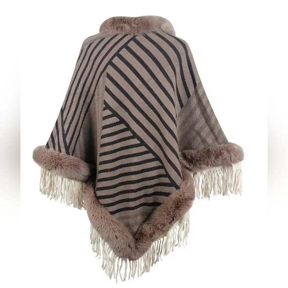 Cozy Stripes Fur-Trimmed Poncho
