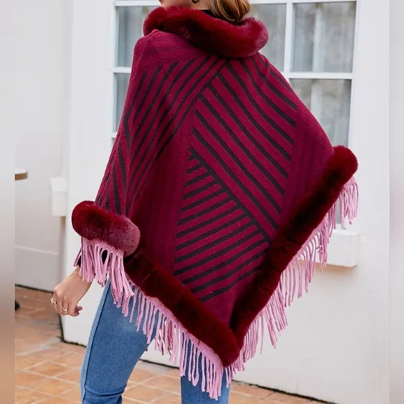Cozy Stripes Fur-Trimmed Poncho
