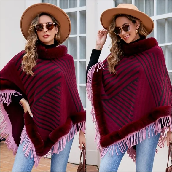 Cozy Stripes Fur-Trimmed Poncho