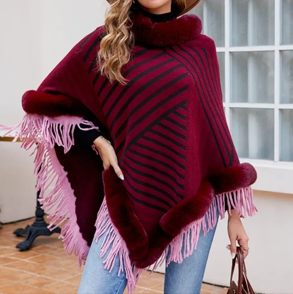 Cozy Stripes Fur-Trimmed Poncho