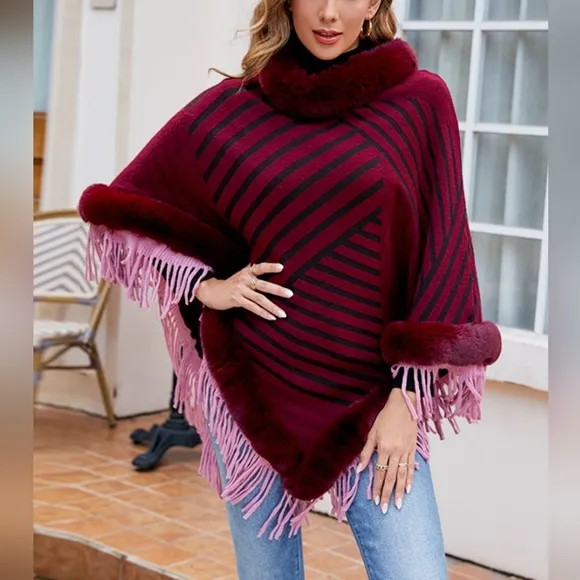 Cozy Stripes Fur-Trimmed Poncho