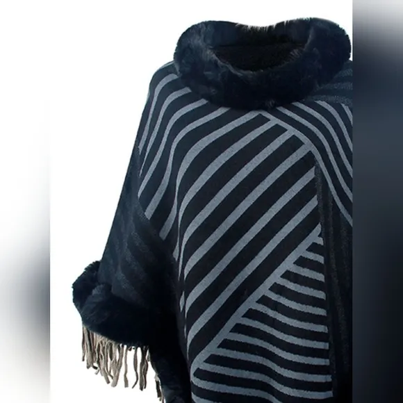 Cozy Stripes Fur-Trimmed Poncho