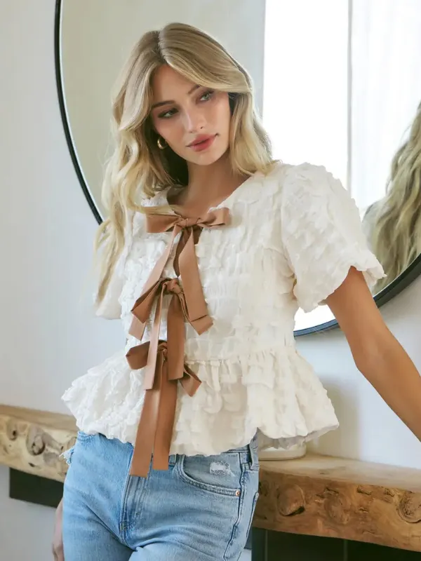 Cream & Tan Ruffle Textured Peplum Bow Top