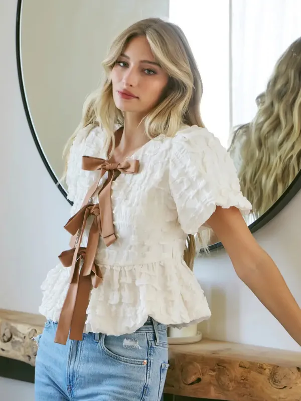 Cream & Tan Ruffle Textured Peplum Bow Top