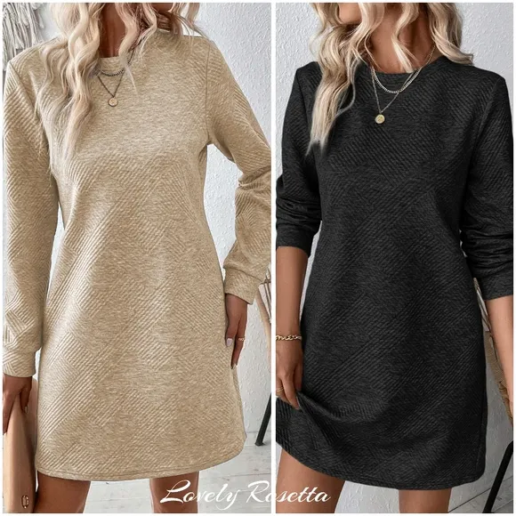 Cream Round Neck Textured Mini Dress