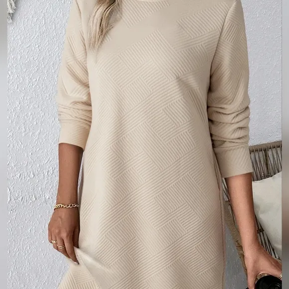 Cream Round Neck Textured Mini Dress