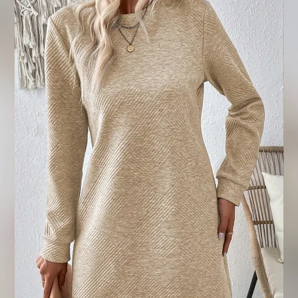 Cream Round Neck Textured Mini Dress