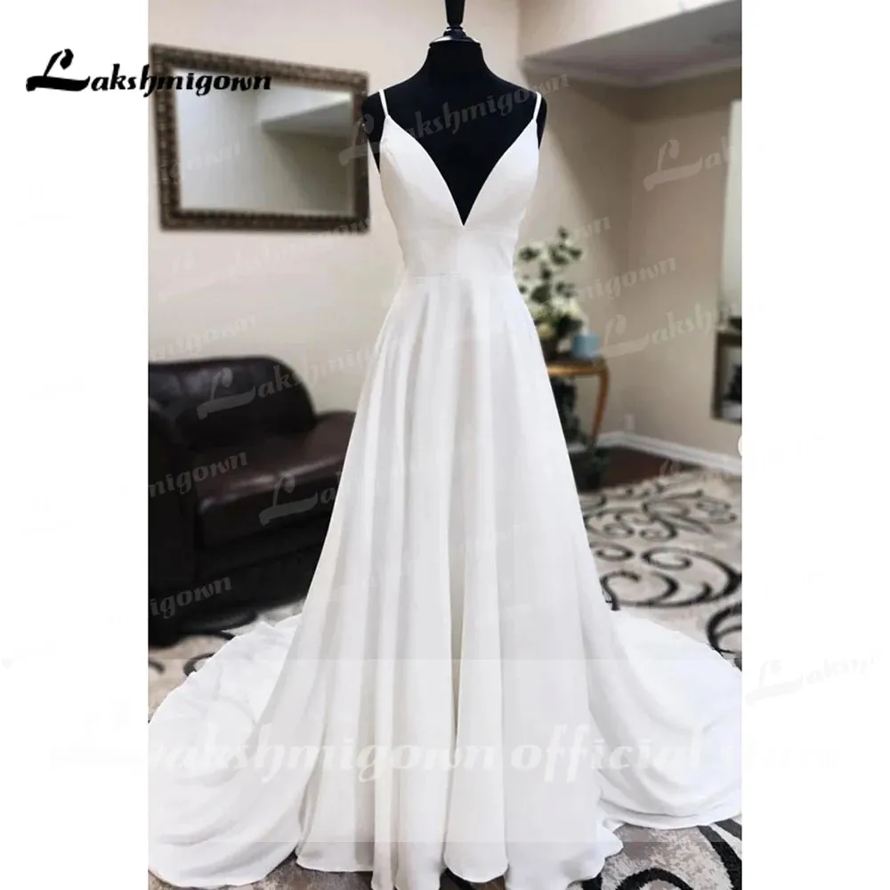 Crepe Satin Wedding Dress A Line Engagement Dress Boho Wedding Gowns dress