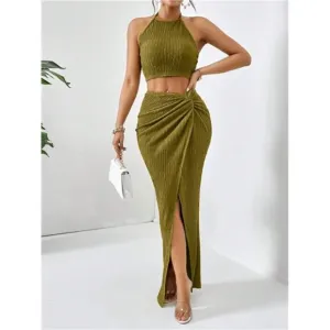 Crop Halter Top &amp; Twist Front Split Thigh Skirt Two Piece