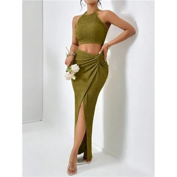 Crop Halter Top &amp; Twist Front Split Thigh Skirt Two Piece