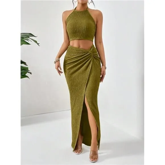 Crop Halter Top &amp; Twist Front Split Thigh Skirt Two Piece