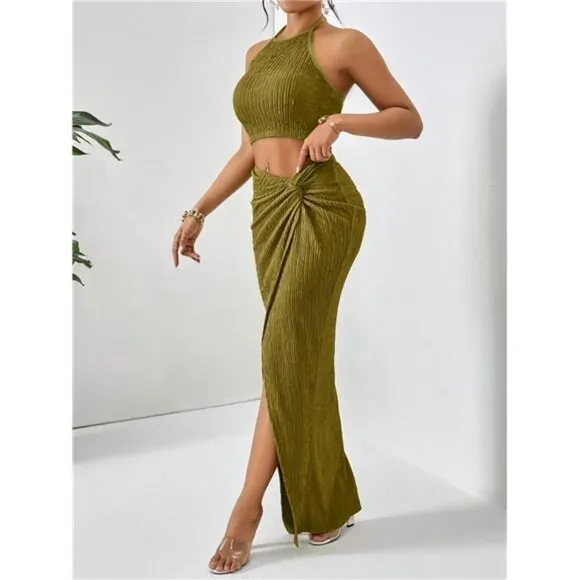 Crop Halter Top &amp; Twist Front Split Thigh Skirt Two Piece