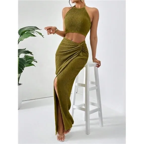Crop Halter Top &amp; Twist Front Split Thigh Skirt Two Piece