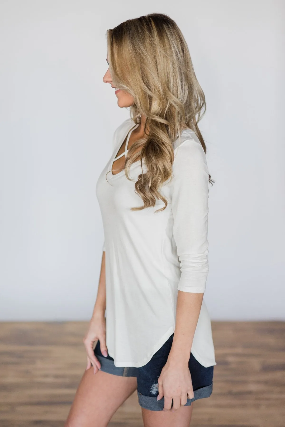Cross It Off 3/4 Sleeve Top- Ivory