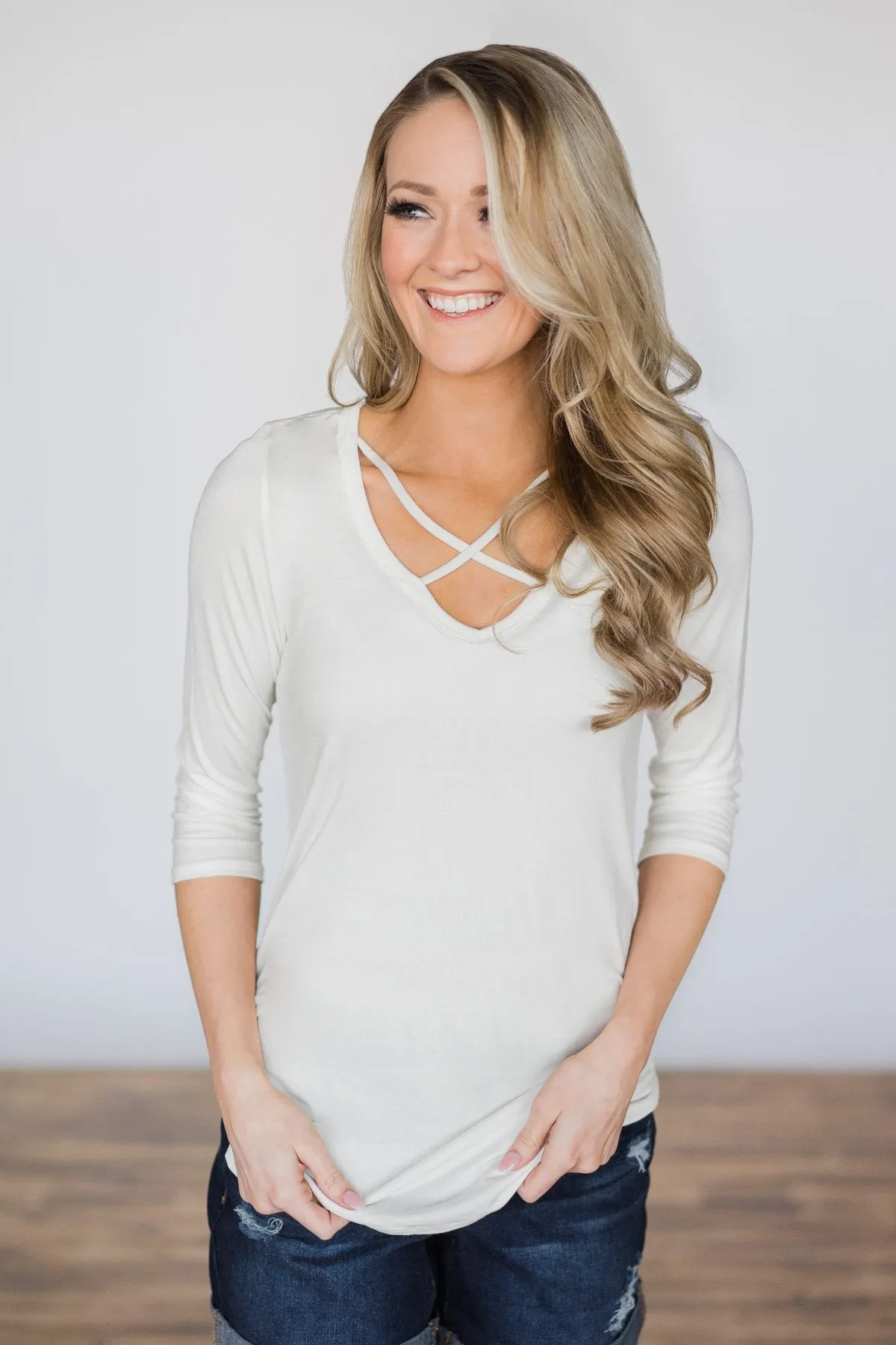 Cross It Off 3/4 Sleeve Top- Ivory