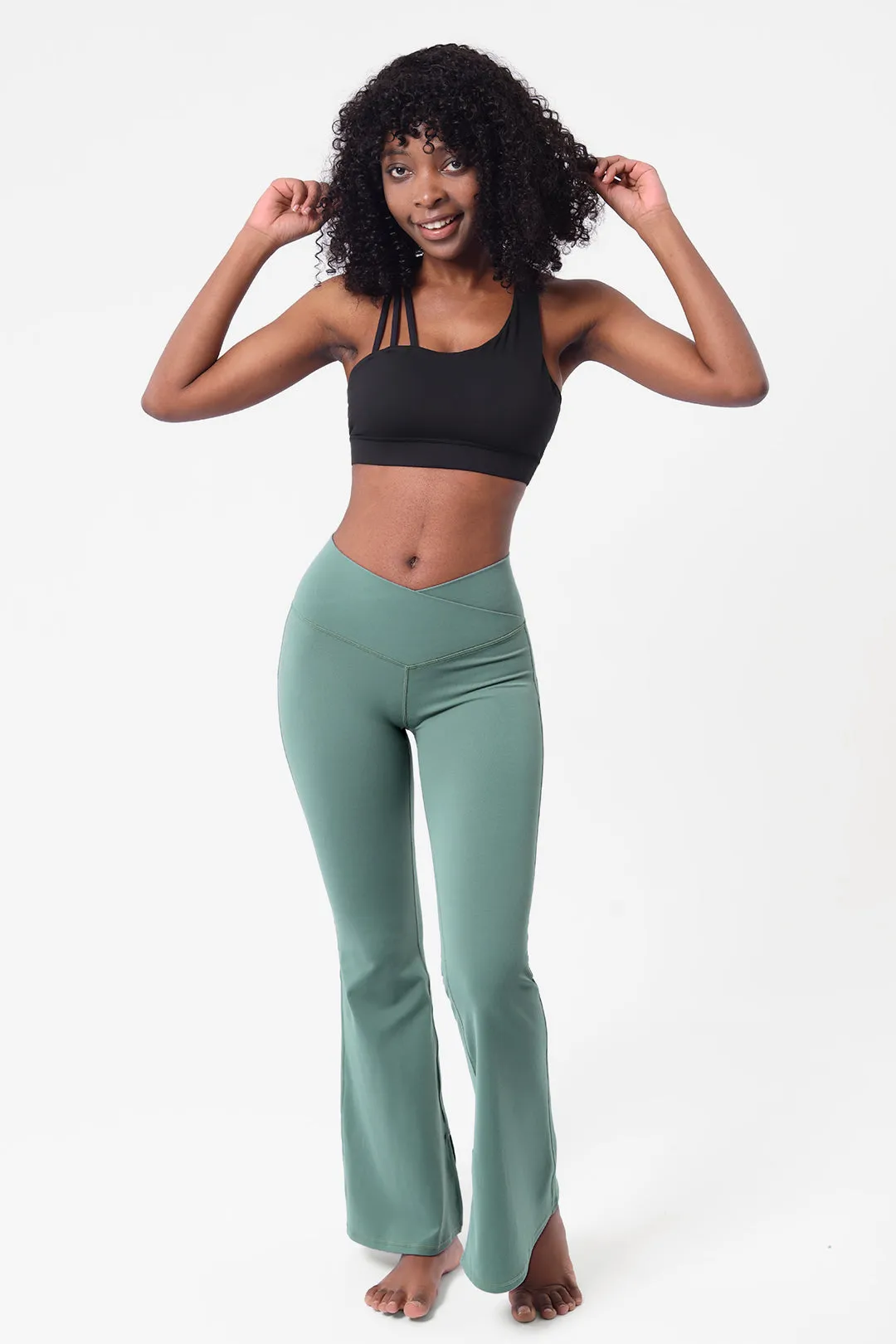 Crossover High Waisted Flare Leggings with Pocket
