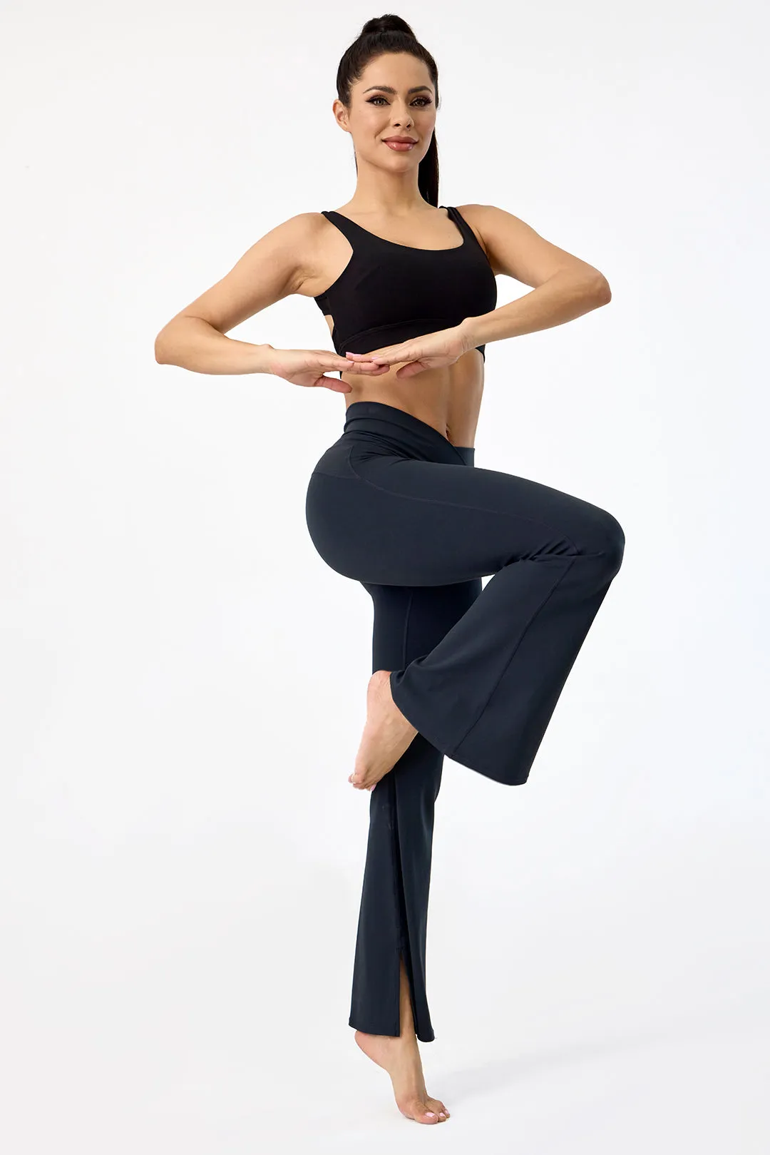 Crossover High Waisted Flare Leggings with Pocket