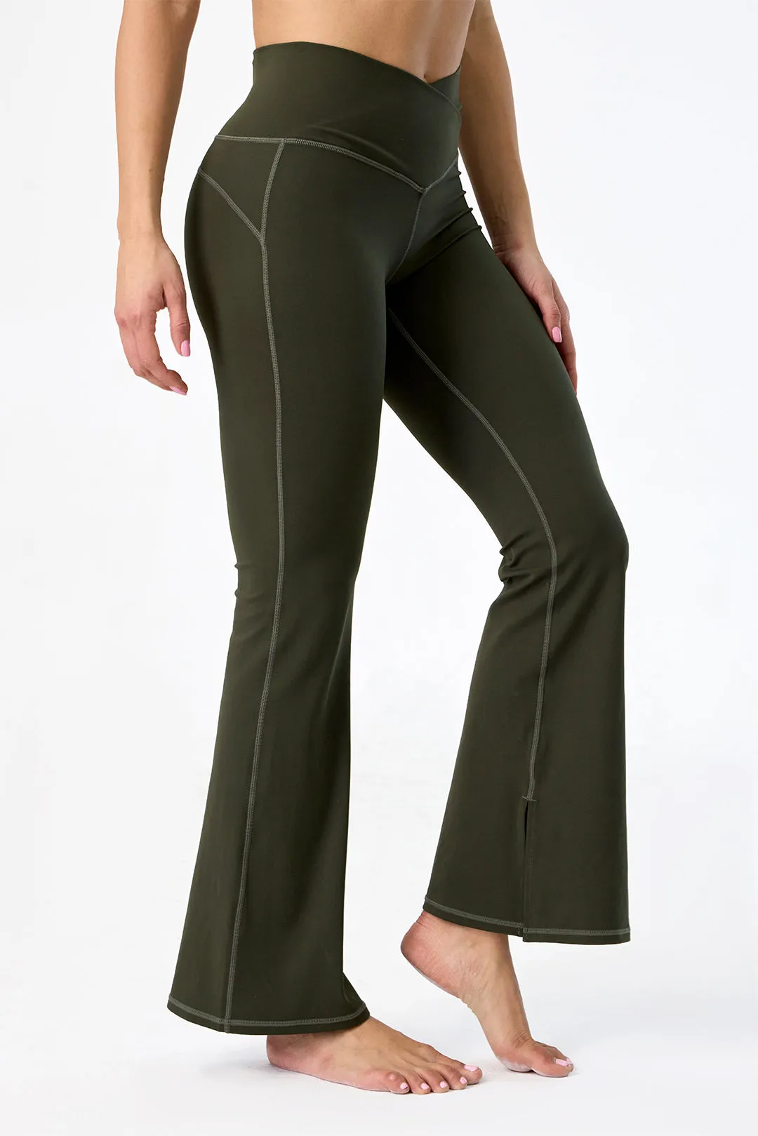 Crossover High Waisted Flare Leggings with Pocket