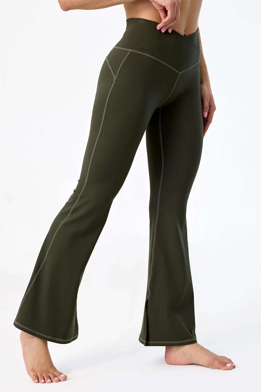 Crossover High Waisted Flare Leggings with Pocket