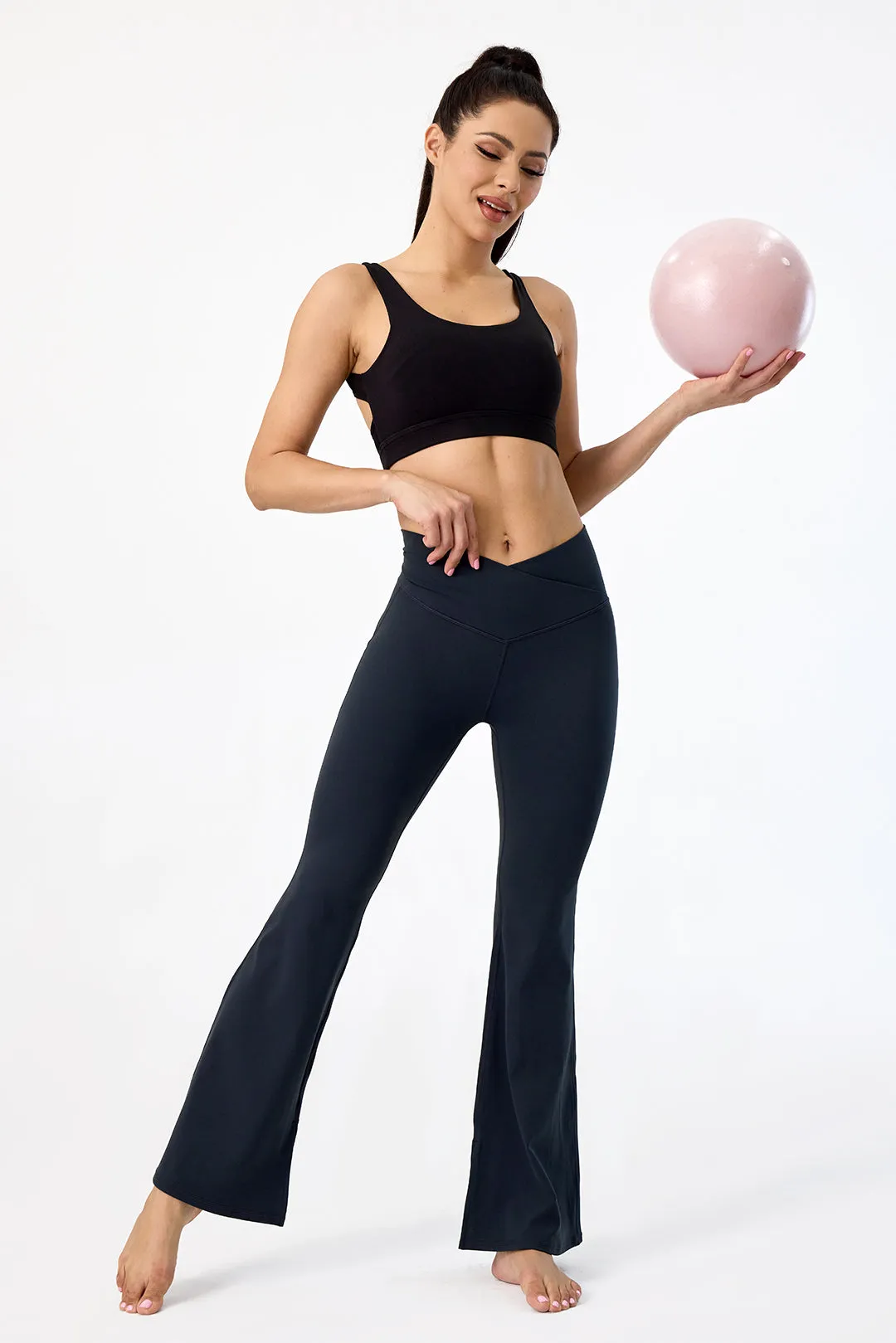 Crossover High Waisted Flare Leggings with Pocket