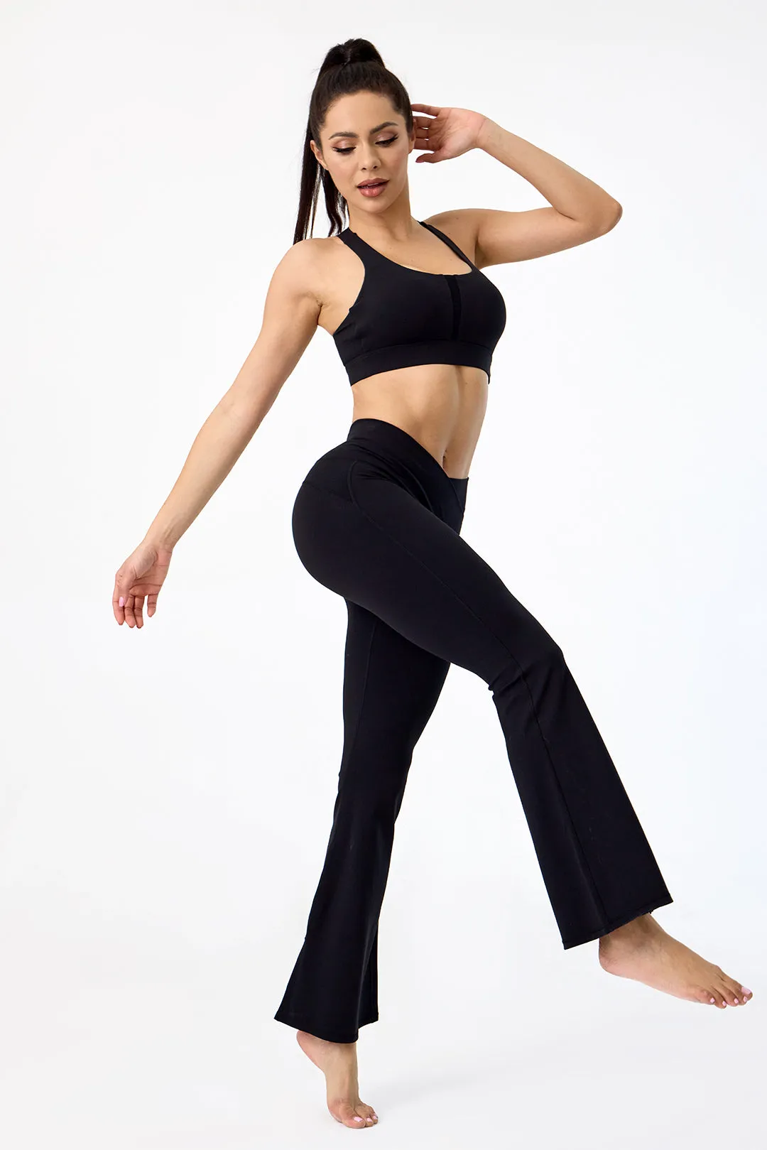 Crossover High Waisted Flare Leggings with Pocket