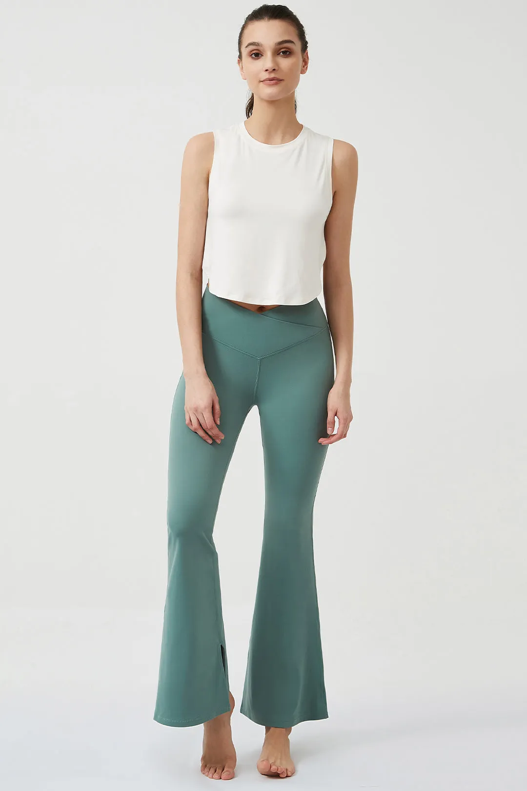 Crossover High Waisted Flare Leggings with Pocket