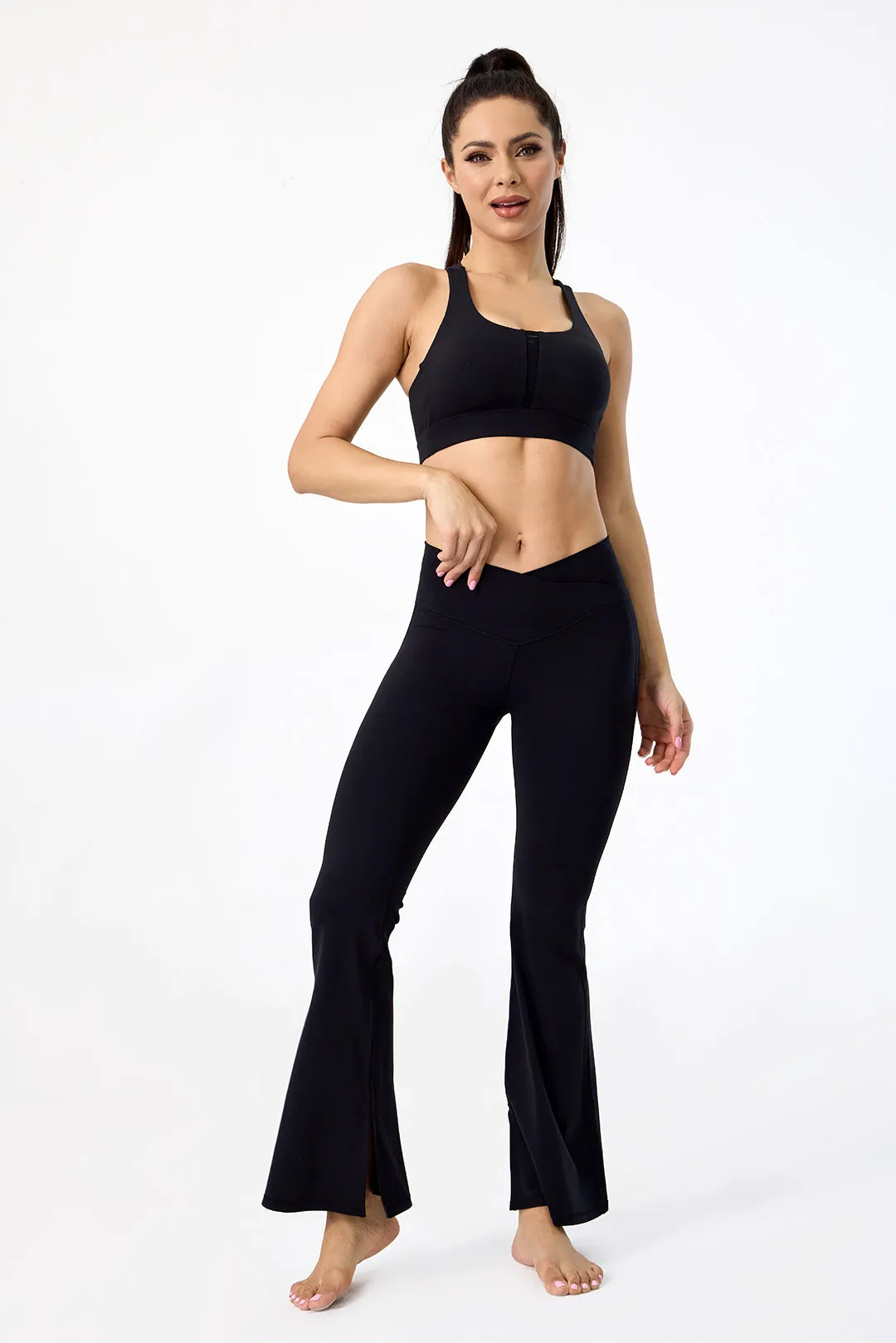 Crossover High Waisted Flare Leggings with Pocket