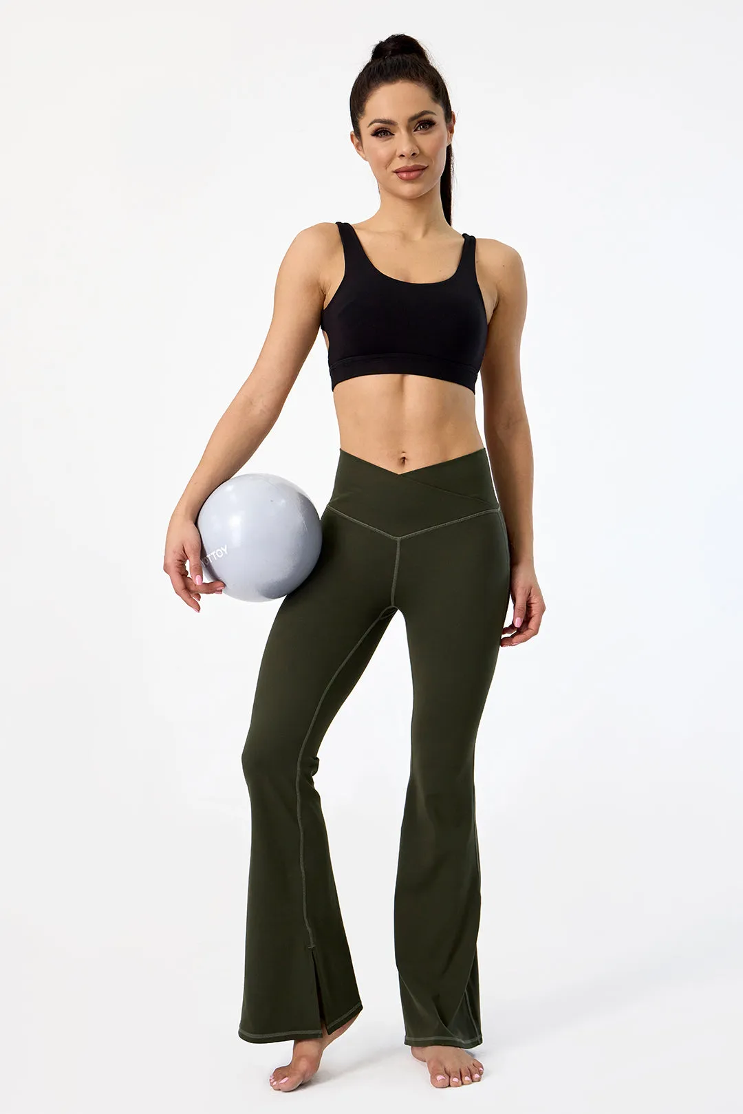 Crossover High Waisted Flare Leggings with Pocket