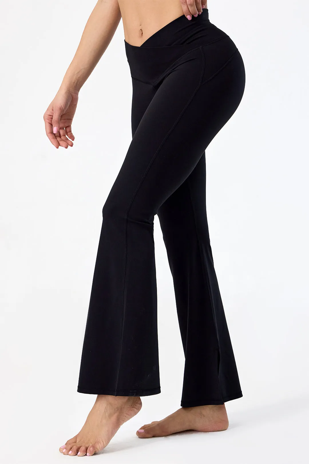 Crossover High Waisted Flare Leggings with Pocket