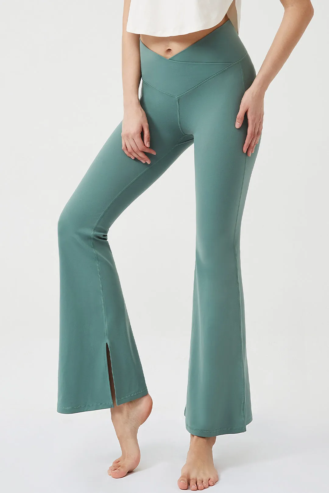 Crossover High Waisted Flare Leggings with Pocket