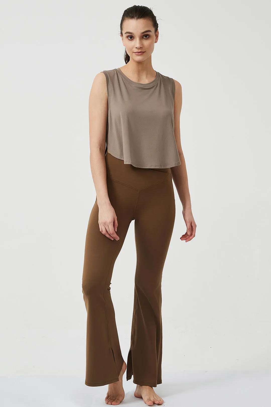 Crossover High Waisted Flare Leggings with Pocket