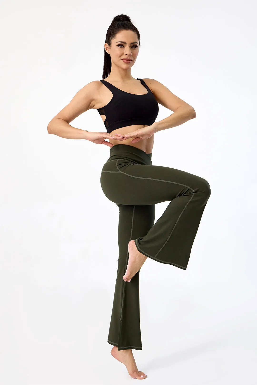 Crossover High Waisted Flare Leggings with Pocket