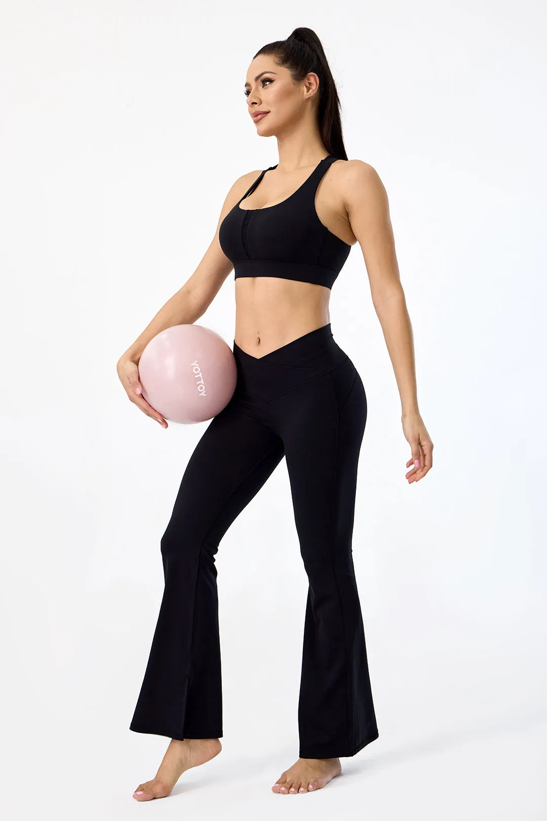 Crossover High Waisted Flare Leggings with Pocket