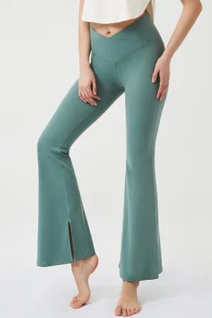 Crossover High Waisted Flare Leggings with Pocket