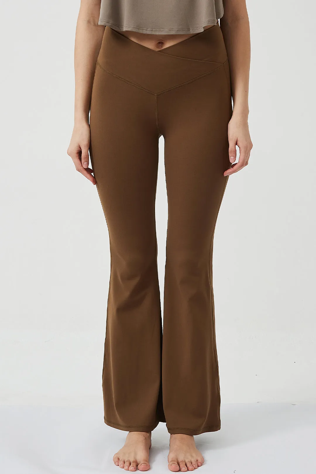 Crossover High Waisted Flare Leggings with Pocket