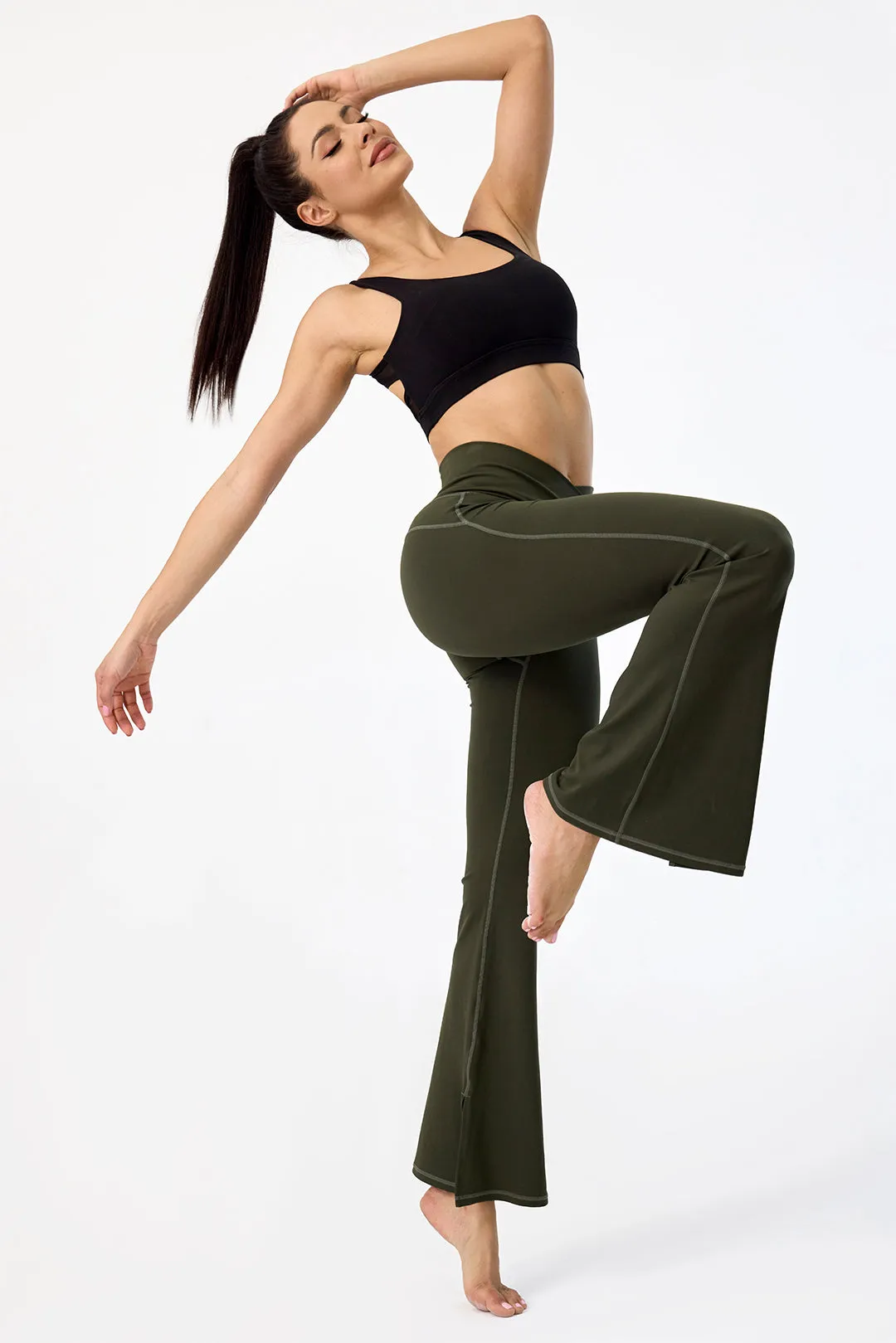 Crossover High Waisted Flare Leggings with Pocket