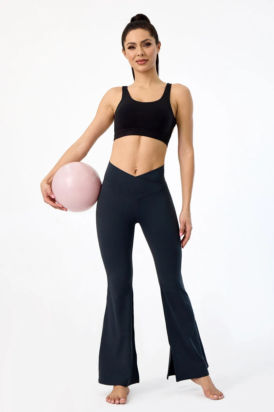 Crossover High Waisted Flare Leggings with Pocket