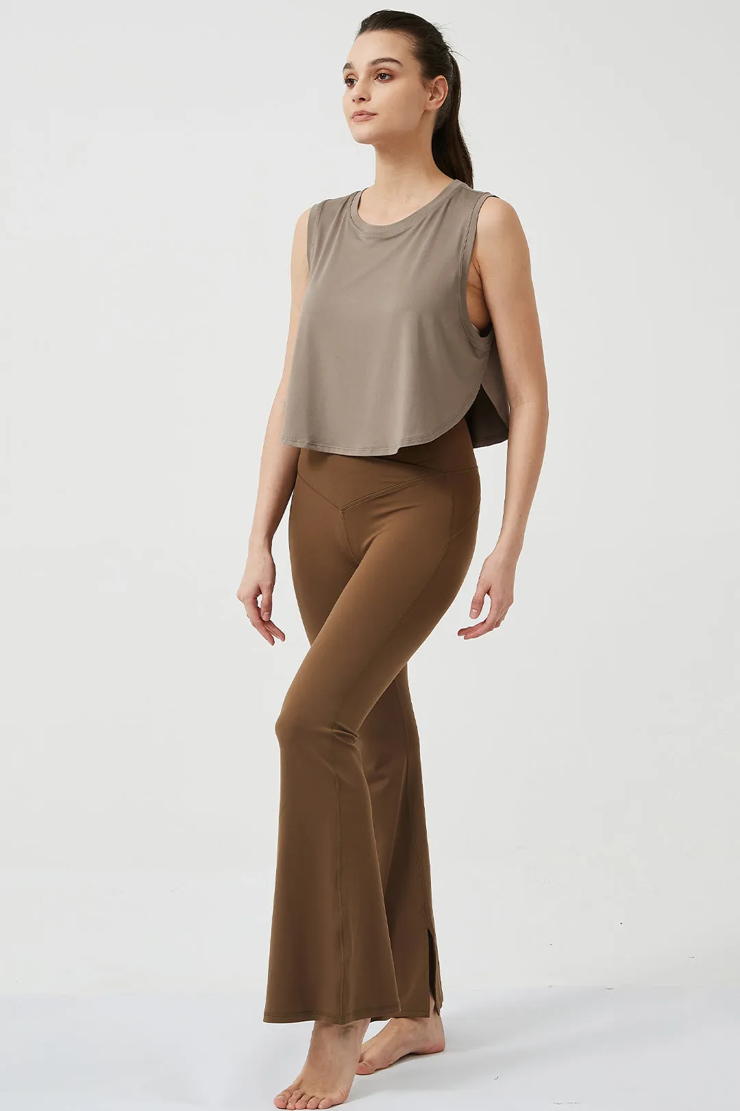 Crossover High Waisted Flare Leggings with Pocket