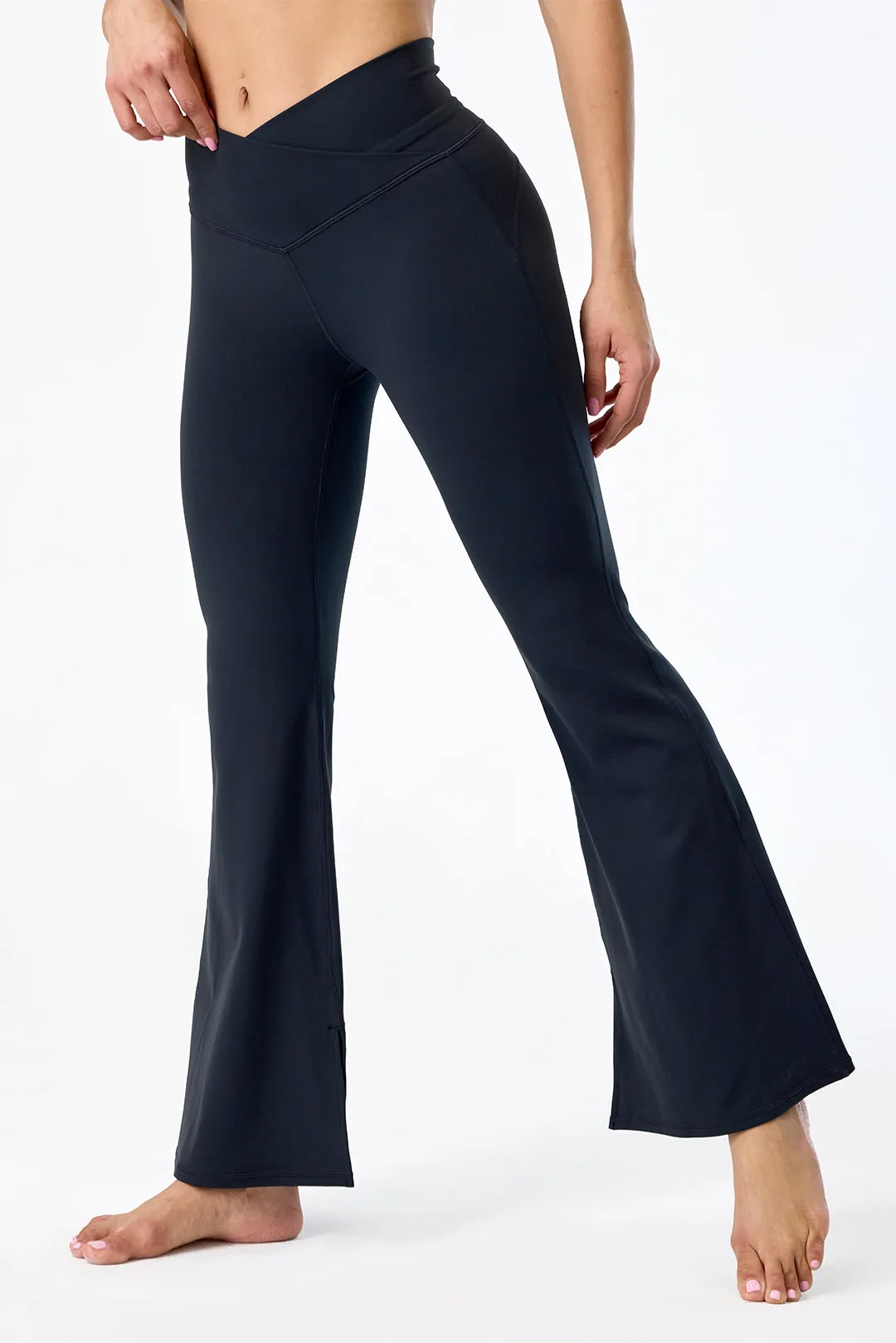 Crossover High Waisted Flare Leggings with Pocket
