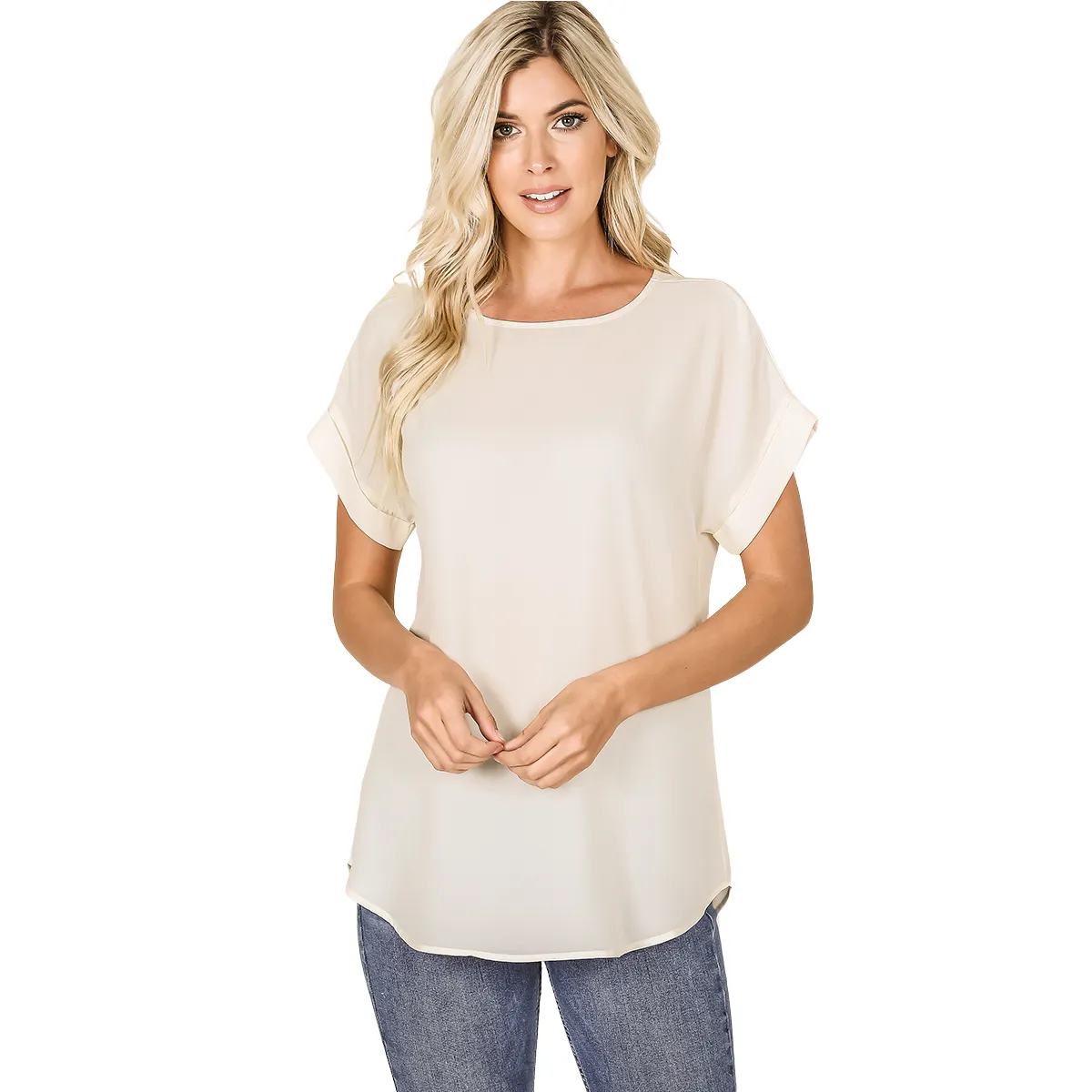 Curvy Cream Rolled Sleeve Top