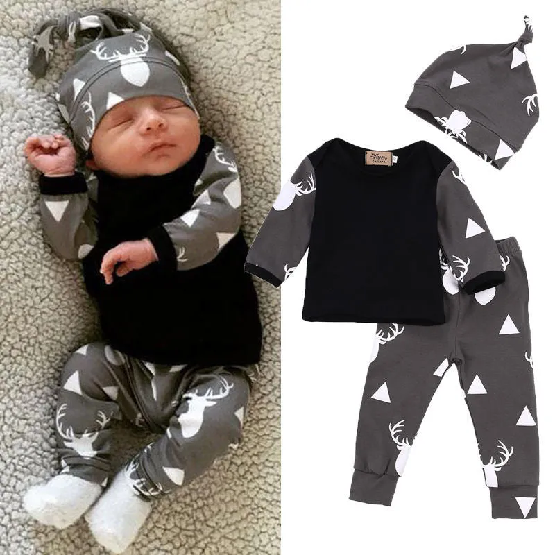 Cute Newborn Baby Girl Boy Clothes Deer Tops T-shirt Long Sleeve   Pants Casual Hat Cap 3pcs Outfits Set