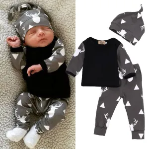 Cute Newborn Baby Girl Boy Clothes Deer Tops T-shirt Long Sleeve   Pants Casual Hat Cap 3pcs Outfits Set