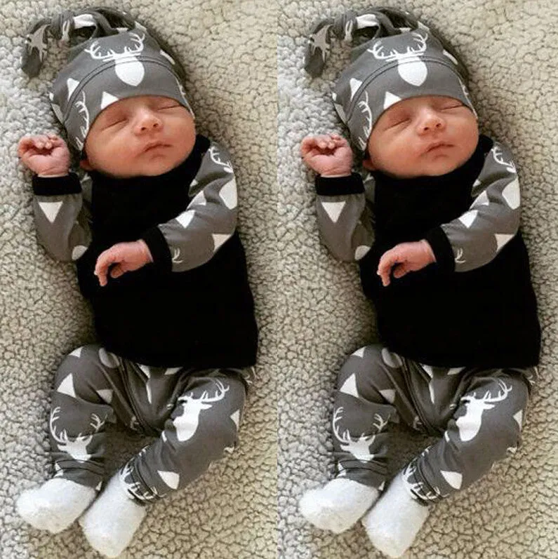 Cute Newborn Baby Girl Boy Clothes Deer Tops T-shirt Long Sleeve   Pants Casual Hat Cap 3pcs Outfits Set