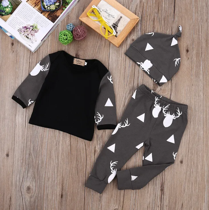 Cute Newborn Baby Girl Boy Clothes Deer Tops T-shirt Long Sleeve   Pants Casual Hat Cap 3pcs Outfits Set