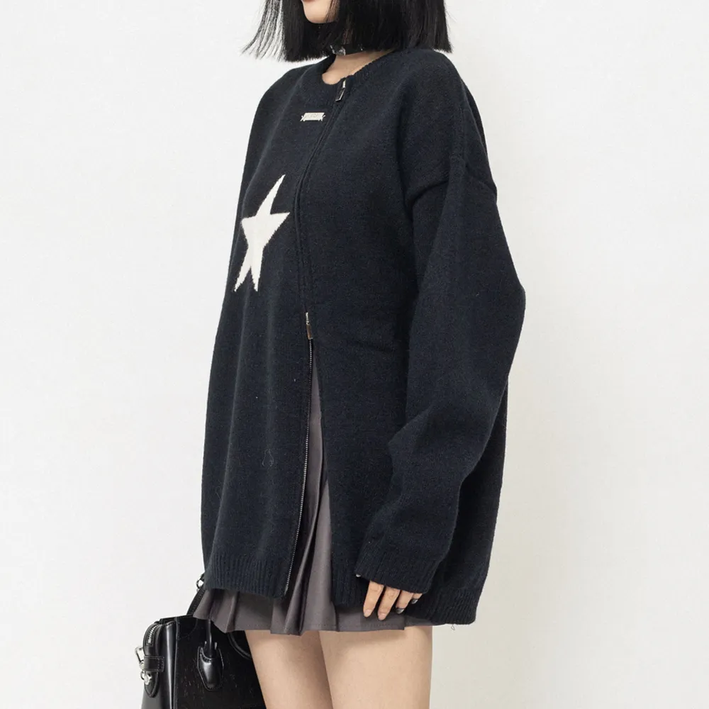 Cyber Envoy | Solid Color Star Zipper  Pullover Sweater