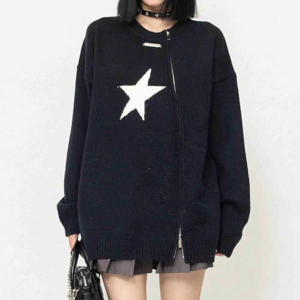 Cyber Envoy | Solid Color Star Zipper  Pullover Sweater