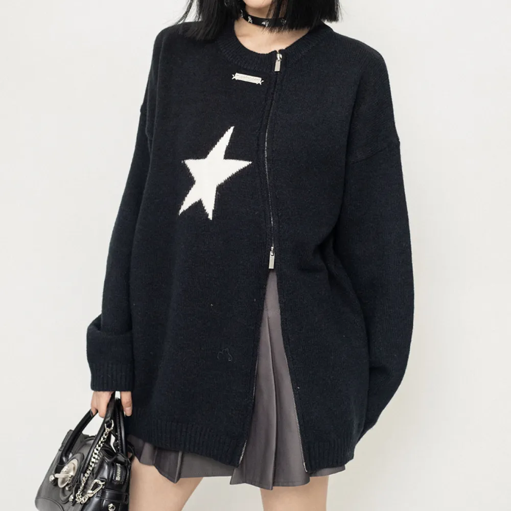 Cyber Envoy | Solid Color Star Zipper  Pullover Sweater
